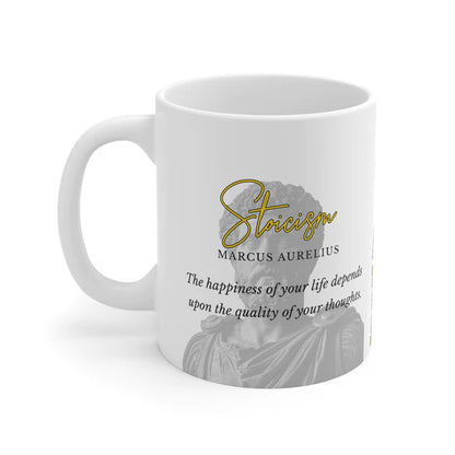 Marcus Aurelius Quote Mug: STOICISM - "The happiness of your life depends upon the quality of your thoughts" - INTERACTIVE Stoicism Quote Mug - Scannable QR Code - Black Mug