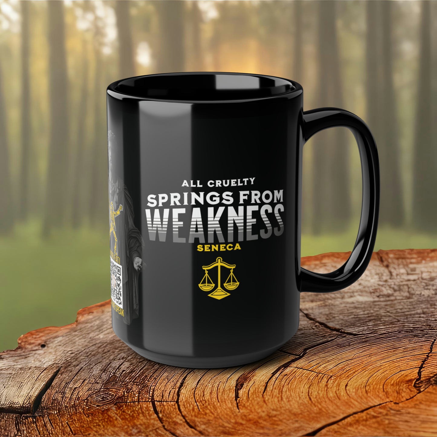 Seneca Quote Mug: "All cruelty springs from weakness" - INTERACTIVE Stoicism Quote Mug - Scannable QR Code - Black Mug