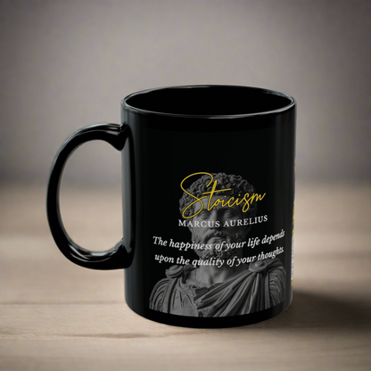 Marcus Aurelius Quote Mug: STOICISM - "The happiness of your life depends upon the quality of your thoughts" - INTERACTIVE Stoicism Quote Mug - Scannable QR Code - Black Mug