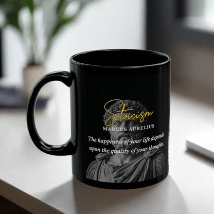 Marcus Aurelius Quote Mug: STOICISM - "The happiness of your life depends upon the quality of your thoughts" - INTERACTIVE Stoicism Quote Mug - Scannable QR Code - Black Mug