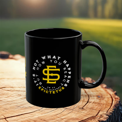 Epictetus Quote Mug - "It's not what happens but how you react to it that matters." - INTERACTIVE Stoicism Quote Mug - Scannable QR Code - Black Mug