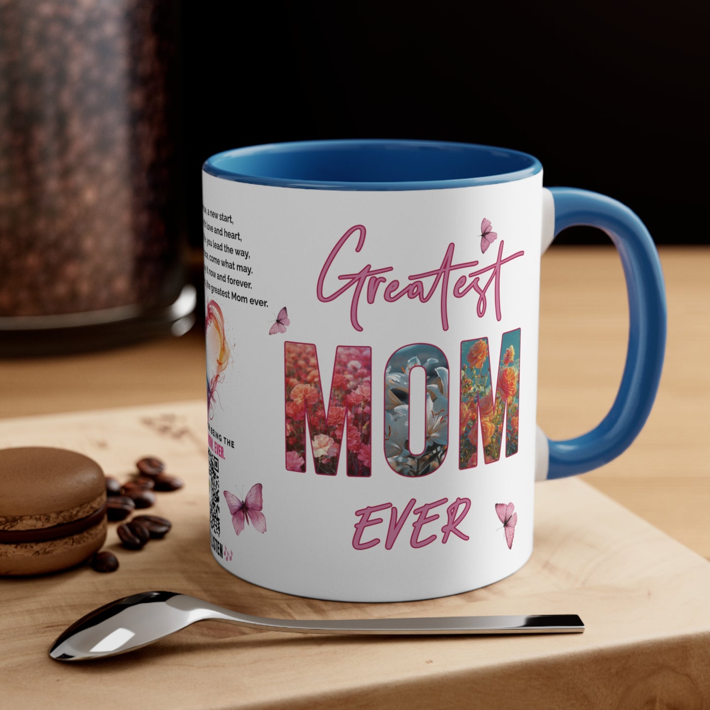 Greatest Mom Ever, Mother's Day Gift, Interactive Coffee Mug Gift for Mom, Audio Music Lyrics QR Code Scanning Mug, Two-Tone Accent, 11oz White Mug