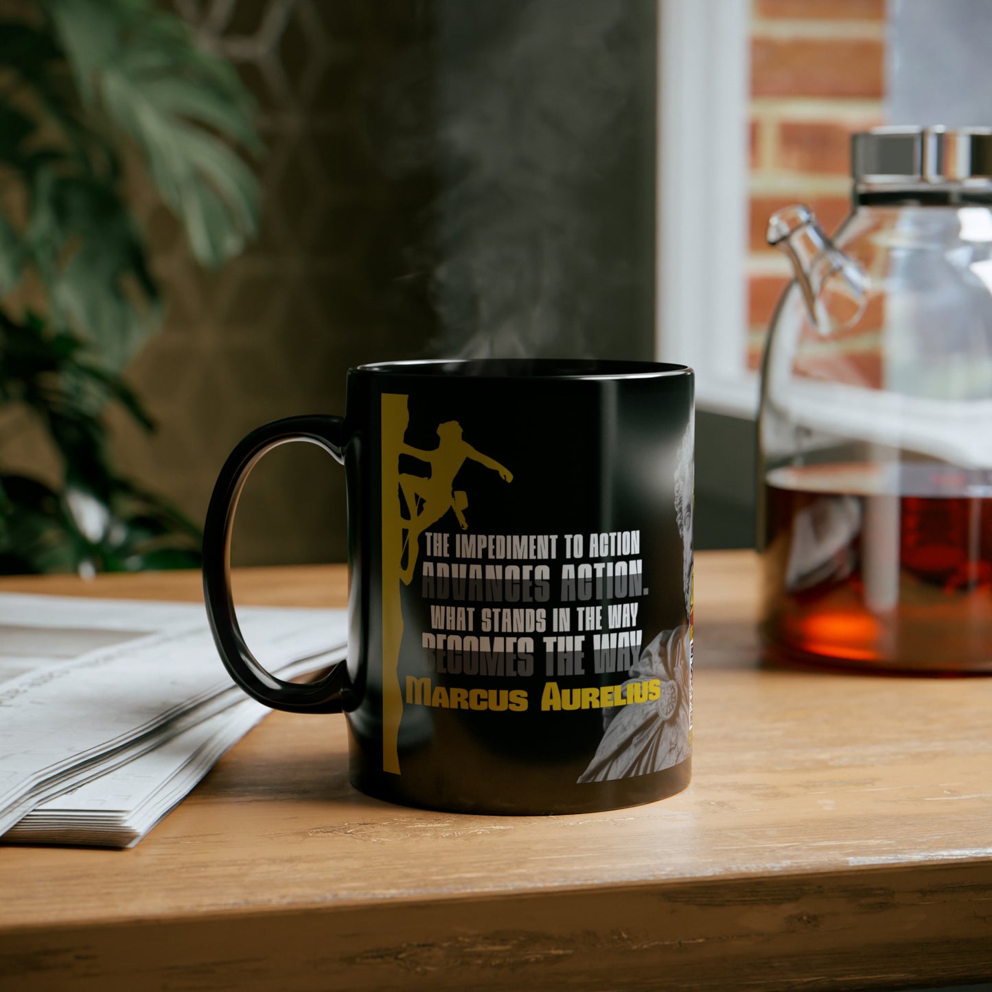 Marcus Aurelius Quote Mug: "What Stands in the Way, Becomes the Way." - INTERACTIVE Stoicism Quote Mug - Scannable QR Code - Black Mug