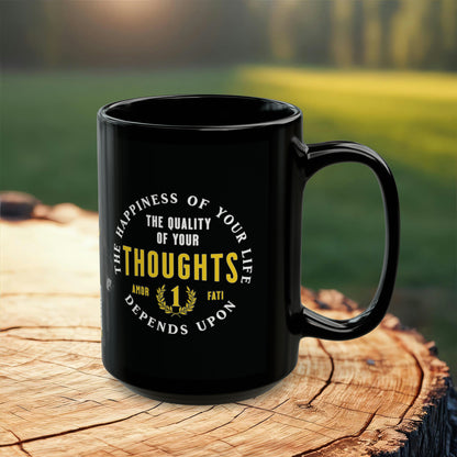 Marcus Aurelius Quote Mug: "The happiness of your life depends upon the quality of your thoughts" - INTERACTIVE Stoicism Quote Mug - Scannable QR Code - Black Mug