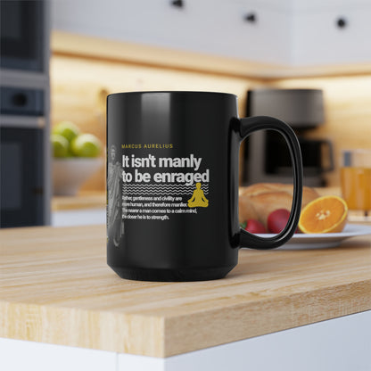 Marcus Aurelius Quote Mug: "It isn't manly to be enraged." - INTERACTIVE Stoicism Quote Mug - Scannable QR Code - Black Mug