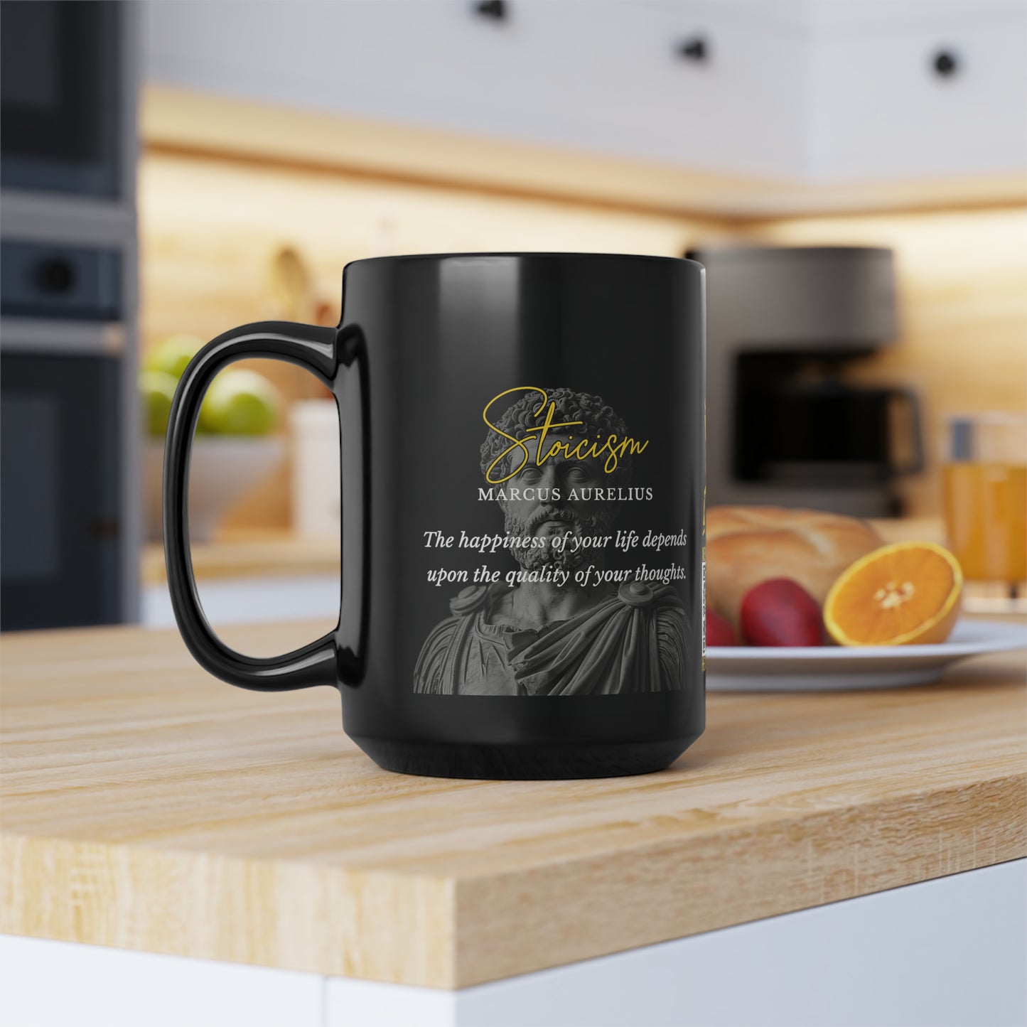 Marcus Aurelius Quote Mug: STOICISM - "The happiness of your life depends upon the quality of your thoughts" - INTERACTIVE Stoicism Quote Mug - Scannable QR Code - Black Mug