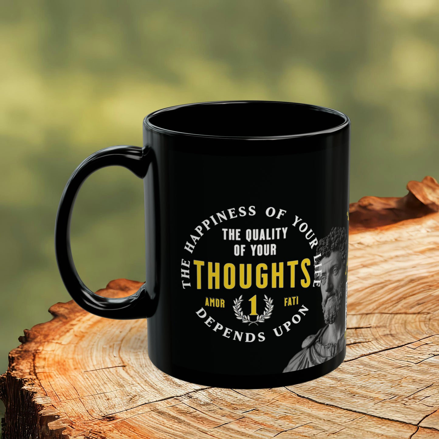 Marcus Aurelius Quote Mug: "The happiness of your life depends upon the quality of your thoughts" - INTERACTIVE Stoicism Quote Mug - Scannable QR Code - Black Mug