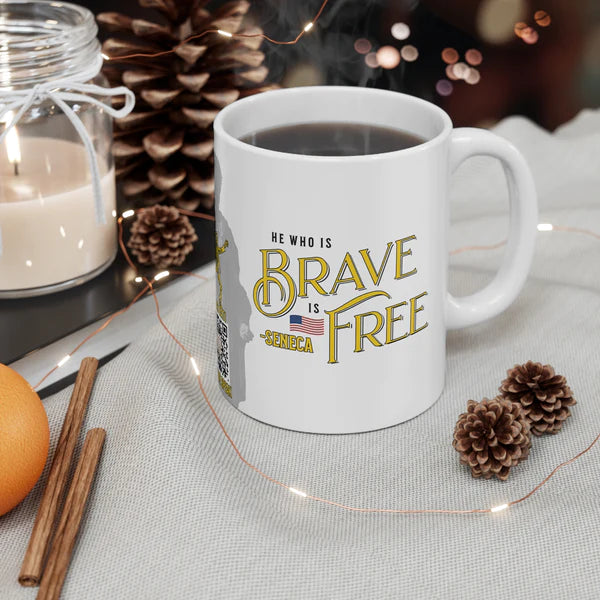 Seneca Quote Mug: "He who is brave is free" - INTERACTIVE Stoicism Quote Mug - Scannable QR Code - Black Mug