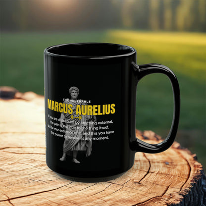 Marcus Aurelius Quote Mug: "If you are distressed by anything external" - INTERACTIVE Stoicism Quote Mug - Scannable QR Code - Black Mug