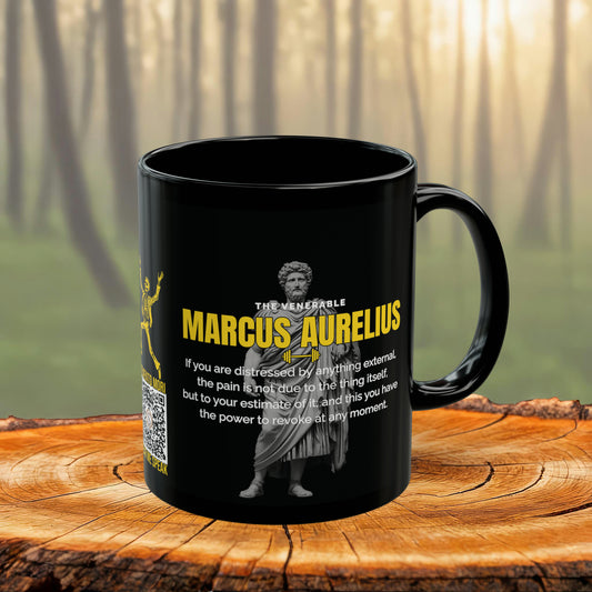 Marcus Aurelius Quote Mug: "If you are distressed by anything external" - INTERACTIVE Stoicism Quote Mug - Scannable QR Code - Black Mug