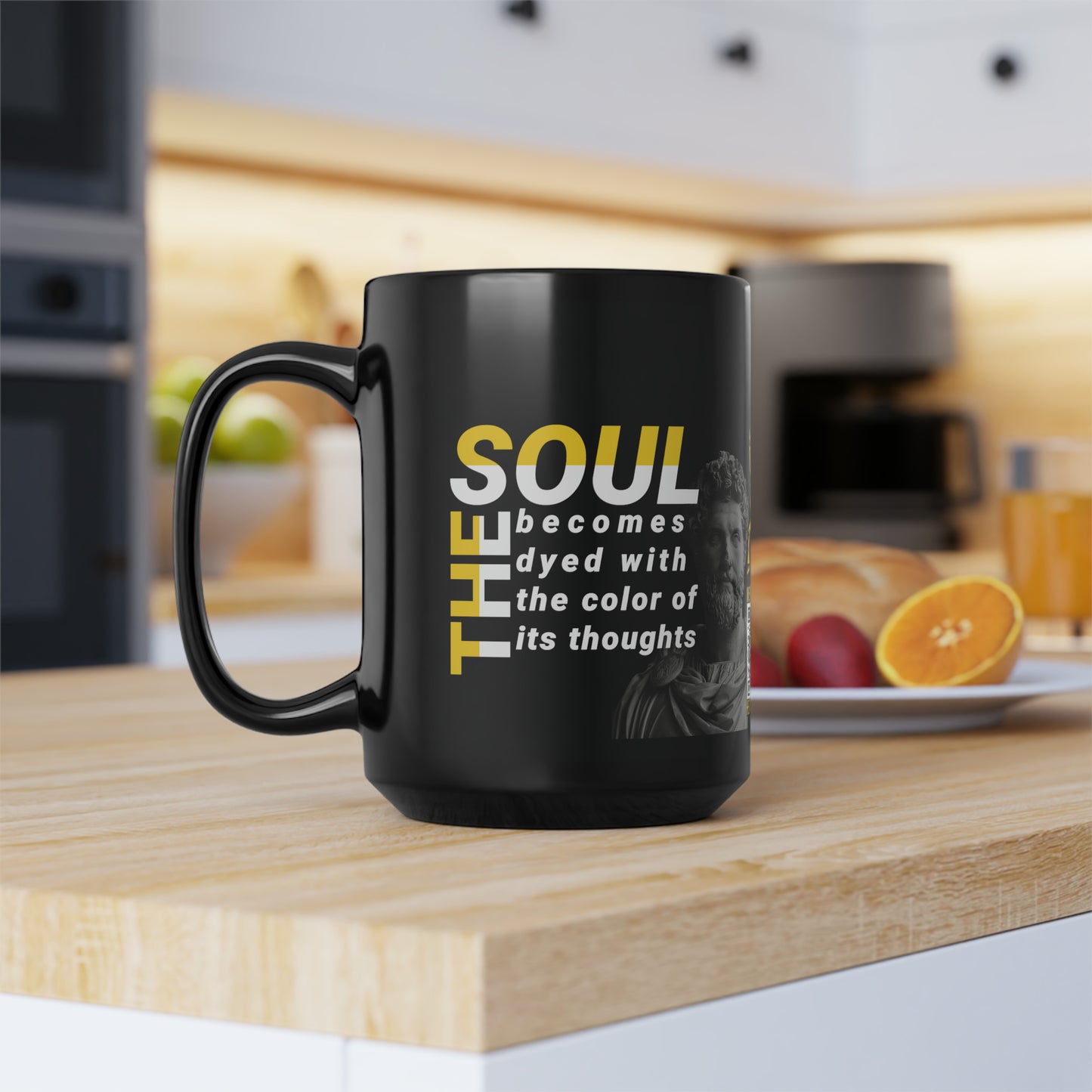 Marcus Aurelius Quote Mug: "The soul becomes dyed with the color of its thoughts" - INTERACTIVE Stoicism Quote Mug - Scannable QR Code - Black Mug