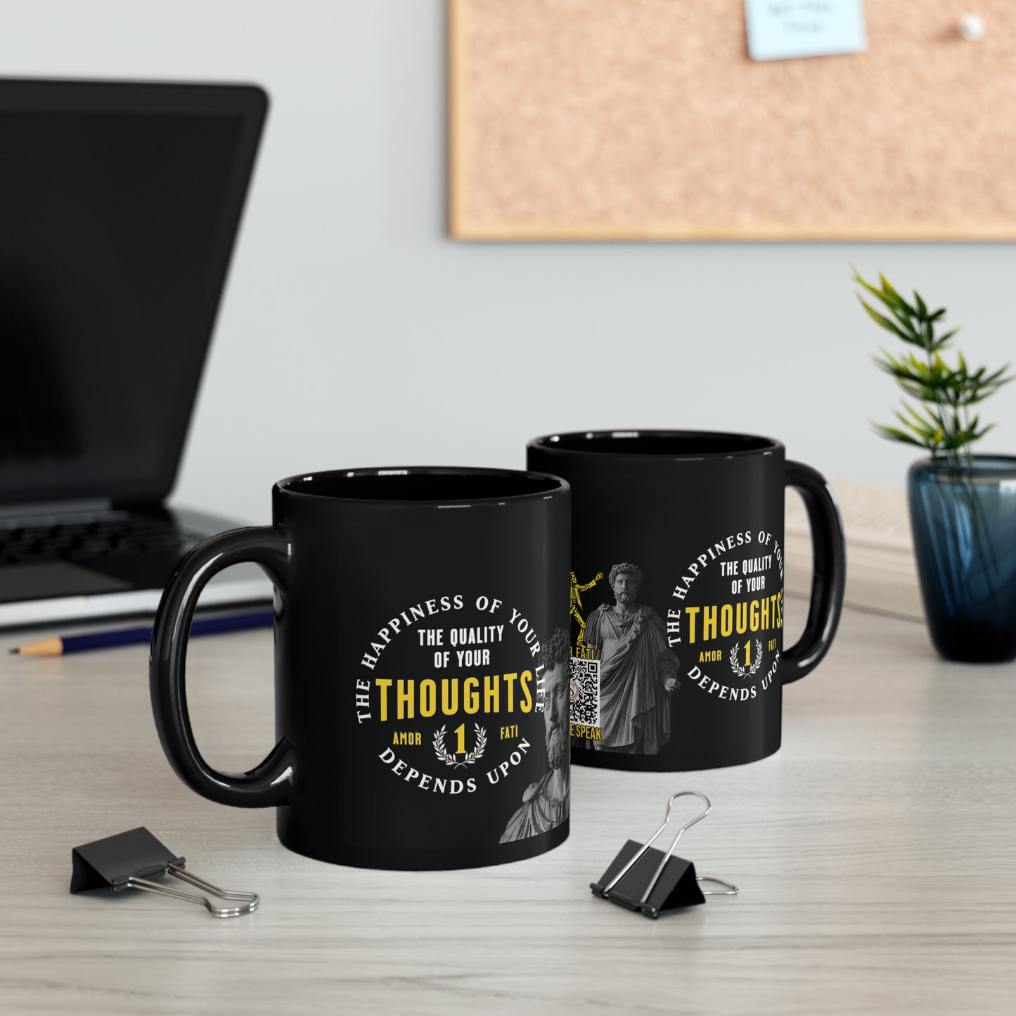 Marcus Aurelius Quote Mug: "The happiness of your life depends upon the quality of your thoughts" - INTERACTIVE Stoicism Quote Mug - Scannable QR Code - Black Mug