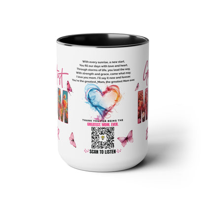 Greatest Mom Ever, Mother's Day Gift, Interactive Coffee Mug Gift for Mom, Audio Music Lyrics QR Code Scanning Mug, Two-Tone Accent, 11oz White Mug