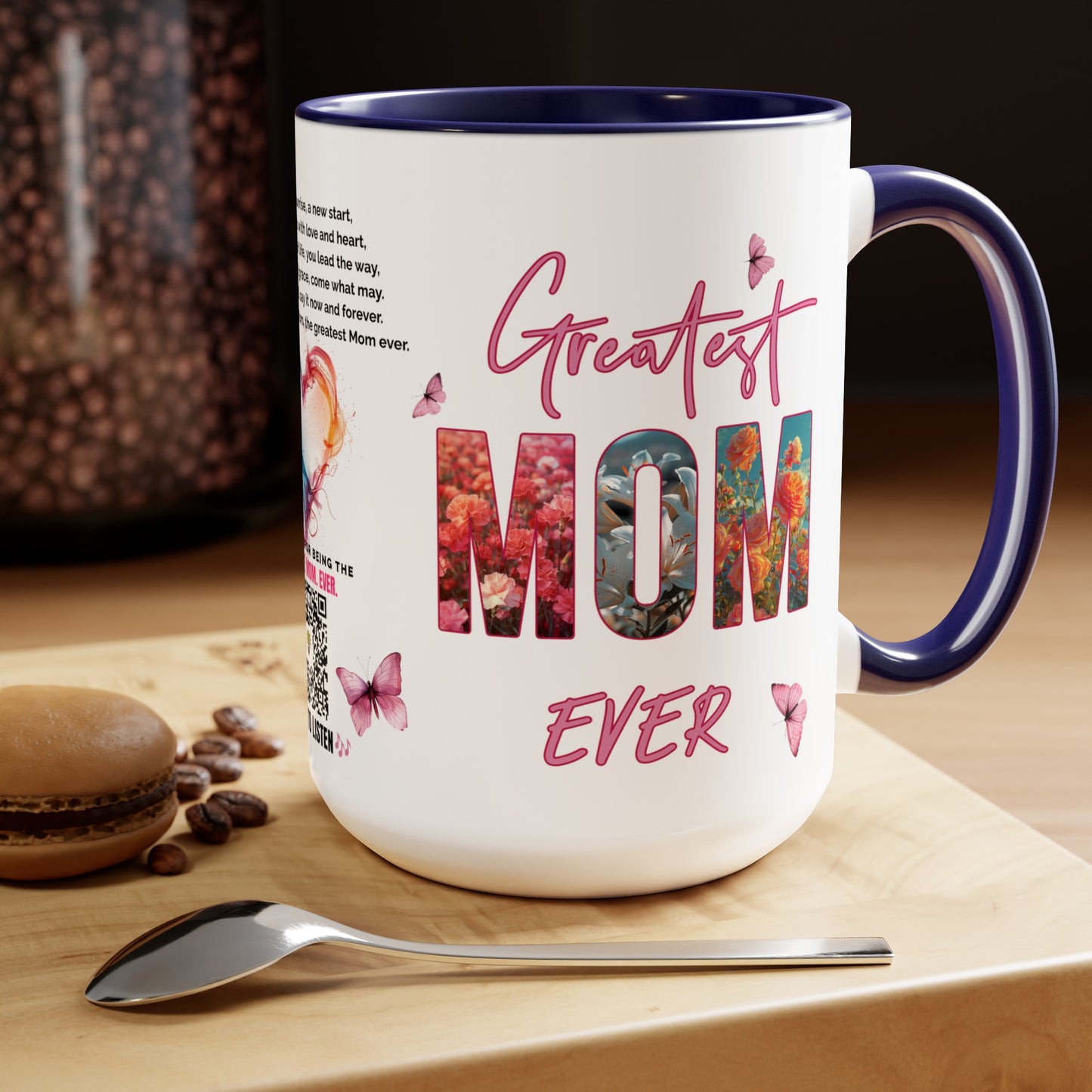 Greatest Mom Ever, Mother's Day Gift, Interactive Coffee Mug Gift for Mom, Audio Music Lyrics QR Code Scanning Mug, Two-Tone Accent, 11oz White Mug