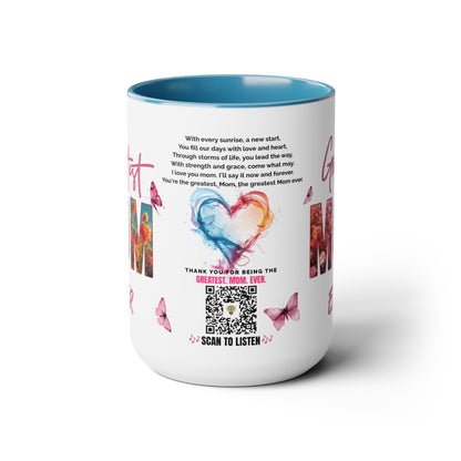 Greatest Mom Ever, Mother's Day Gift, Interactive Coffee Mug Gift for Mom, Audio Music Lyrics QR Code Scanning Mug, Two-Tone Accent, 11oz White Mug