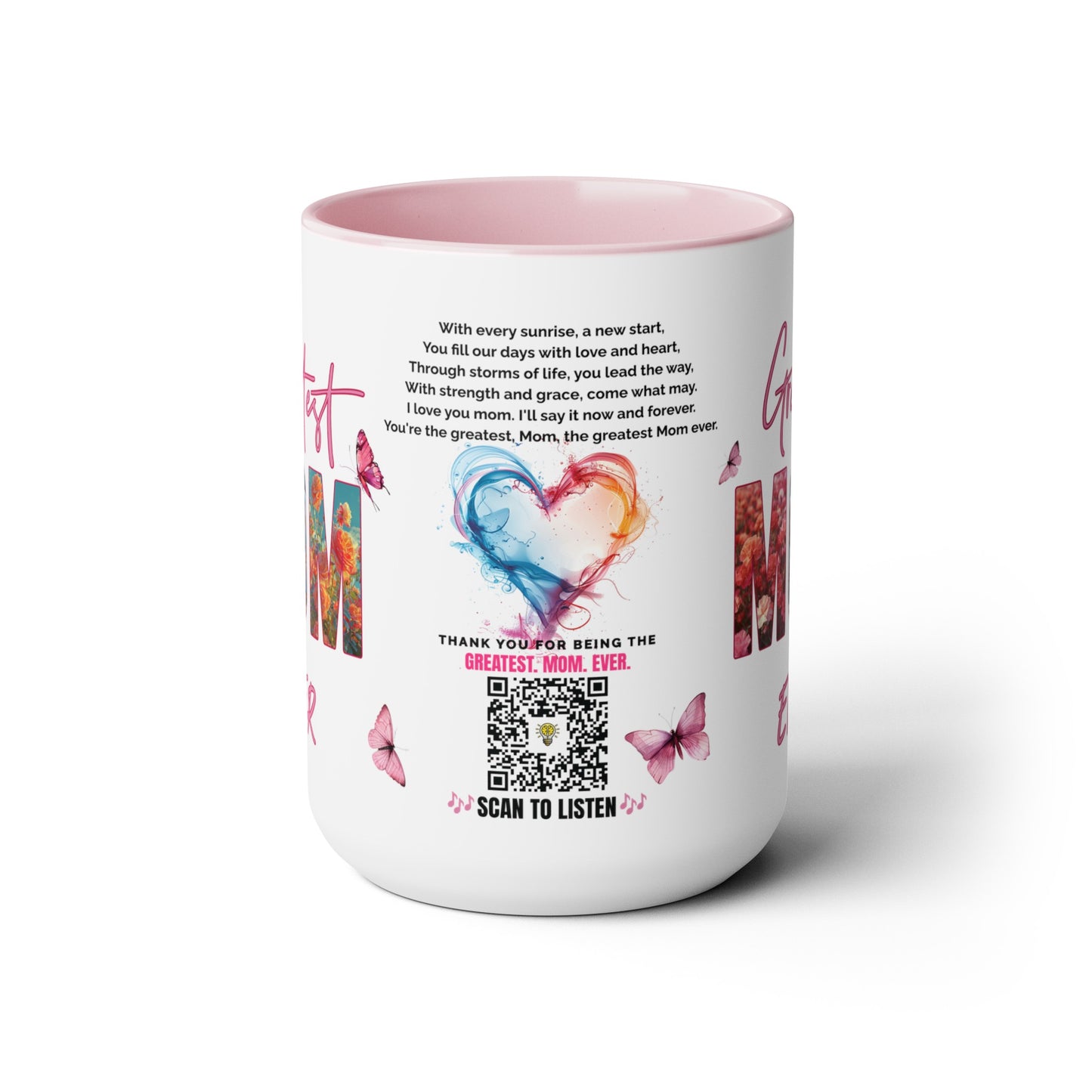 Greatest Mom Ever, Mother's Day Gift, Interactive Coffee Mug Gift for Mom, Audio Music Lyrics QR Code Scanning Mug, Two-Tone Accent, 11oz White Mug