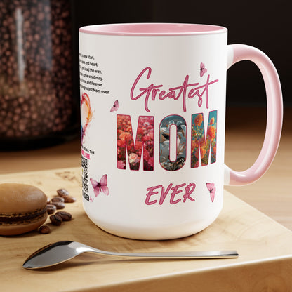 Greatest Mom Ever, Mother's Day Gift, Interactive Coffee Mug Gift for Mom, Audio Music Lyrics QR Code Scanning Mug, Two-Tone Accent, 11oz White Mug