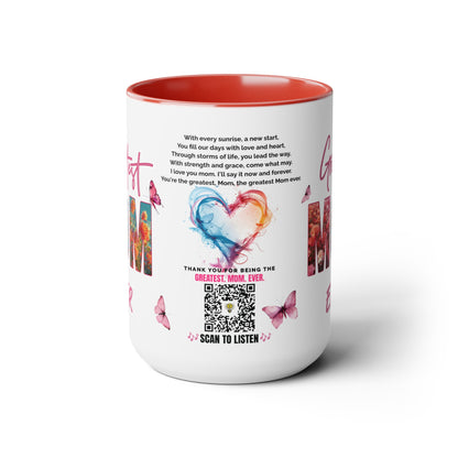 Greatest Mom Ever, Mother's Day Gift, Interactive Coffee Mug Gift for Mom, Audio Music Lyrics QR Code Scanning Mug, Two-Tone Accent, 11oz White Mug