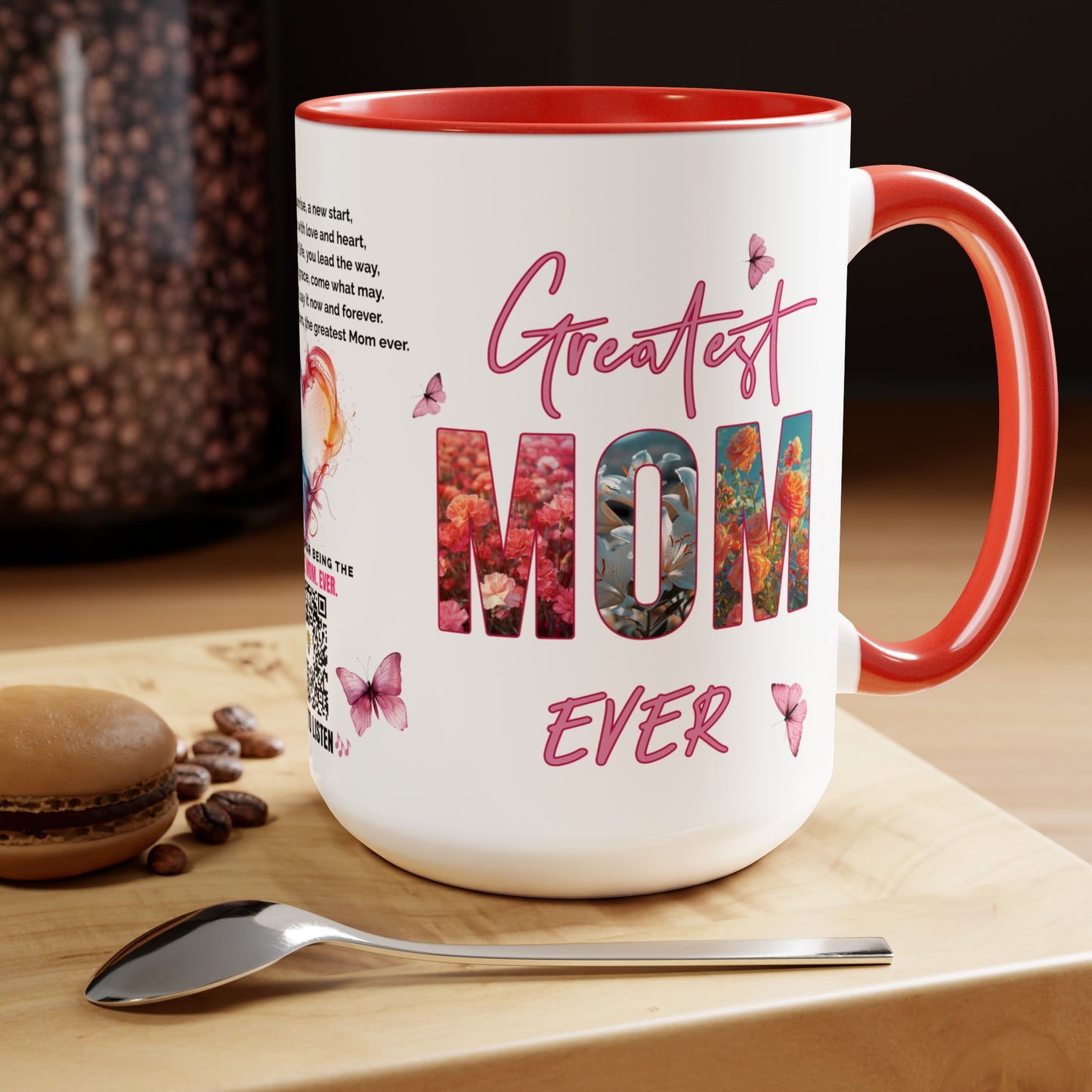 Greatest Mom Ever, Mother's Day Gift, Interactive Coffee Mug Gift for Mom, Audio Music Lyrics QR Code Scanning Mug, Two-Tone Accent, 11oz White Mug