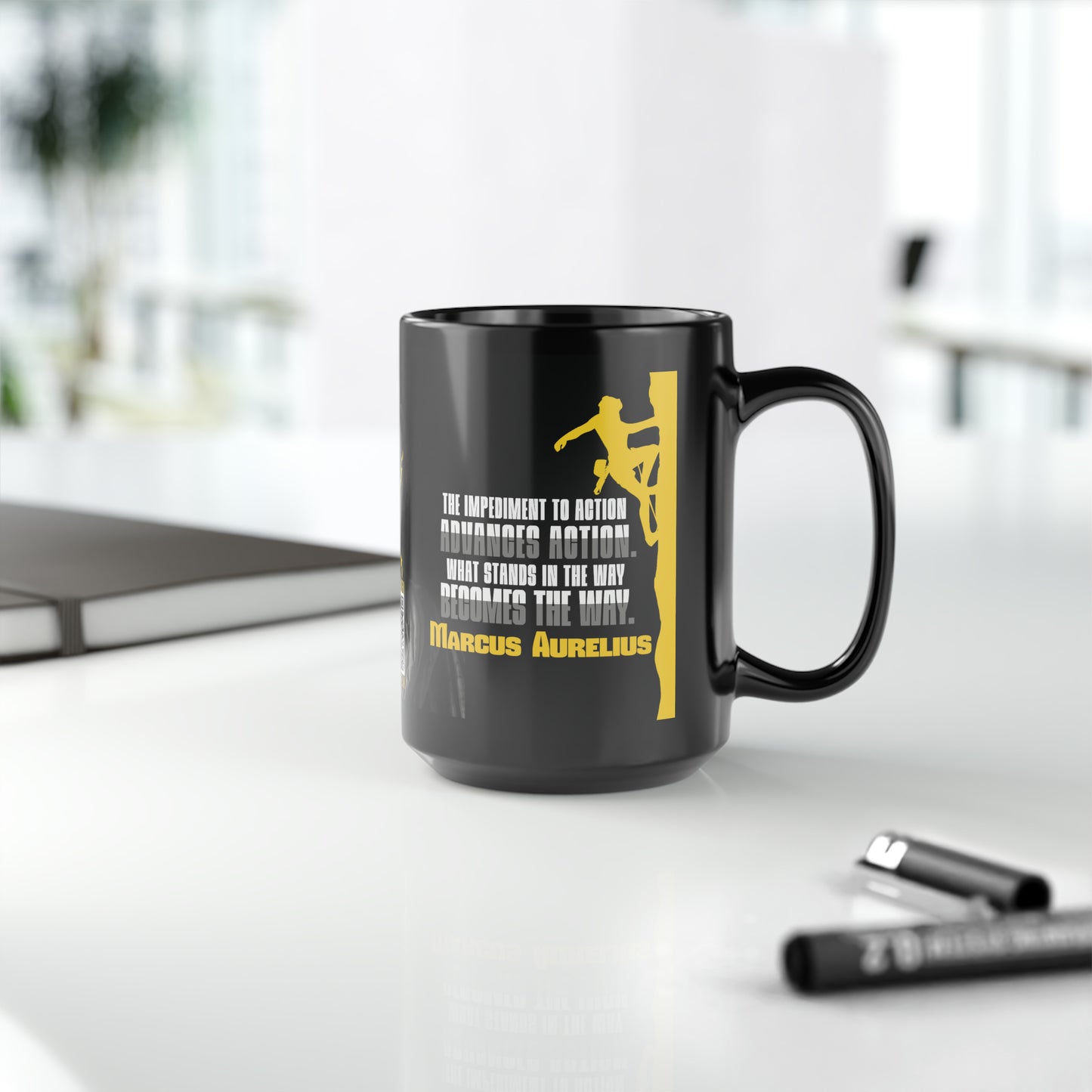 Marcus Aurelius Quote Mug: "What Stands in the Way, Becomes the Way." - INTERACTIVE Stoicism Quote Mug - Scannable QR Code - Black Mug