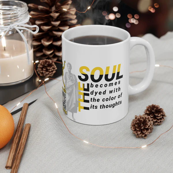 Marcus Aurelius Quote Mug: "The soul becomes dyed with the color of its thoughts" - INTERACTIVE Stoicism Quote Mug - Scannable QR Code - Black Mug