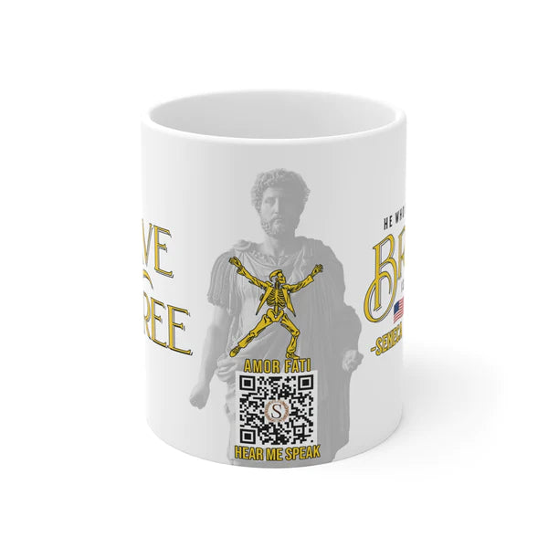 Seneca Quote Mug: "He who is brave is free" - INTERACTIVE Stoicism Quote Mug - Scannable QR Code - Black Mug