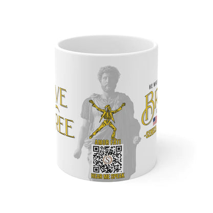 Seneca Quote Mug: "He who is brave is free" - INTERACTIVE Stoicism Quote Mug - Scannable QR Code - Black Mug