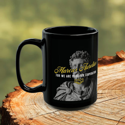 Marcus Aurelius Quote Mug: "For we are made for cooperation." - INTERACTIVE Stoicism Quote Mug - Scannable QR Code - Black Mug