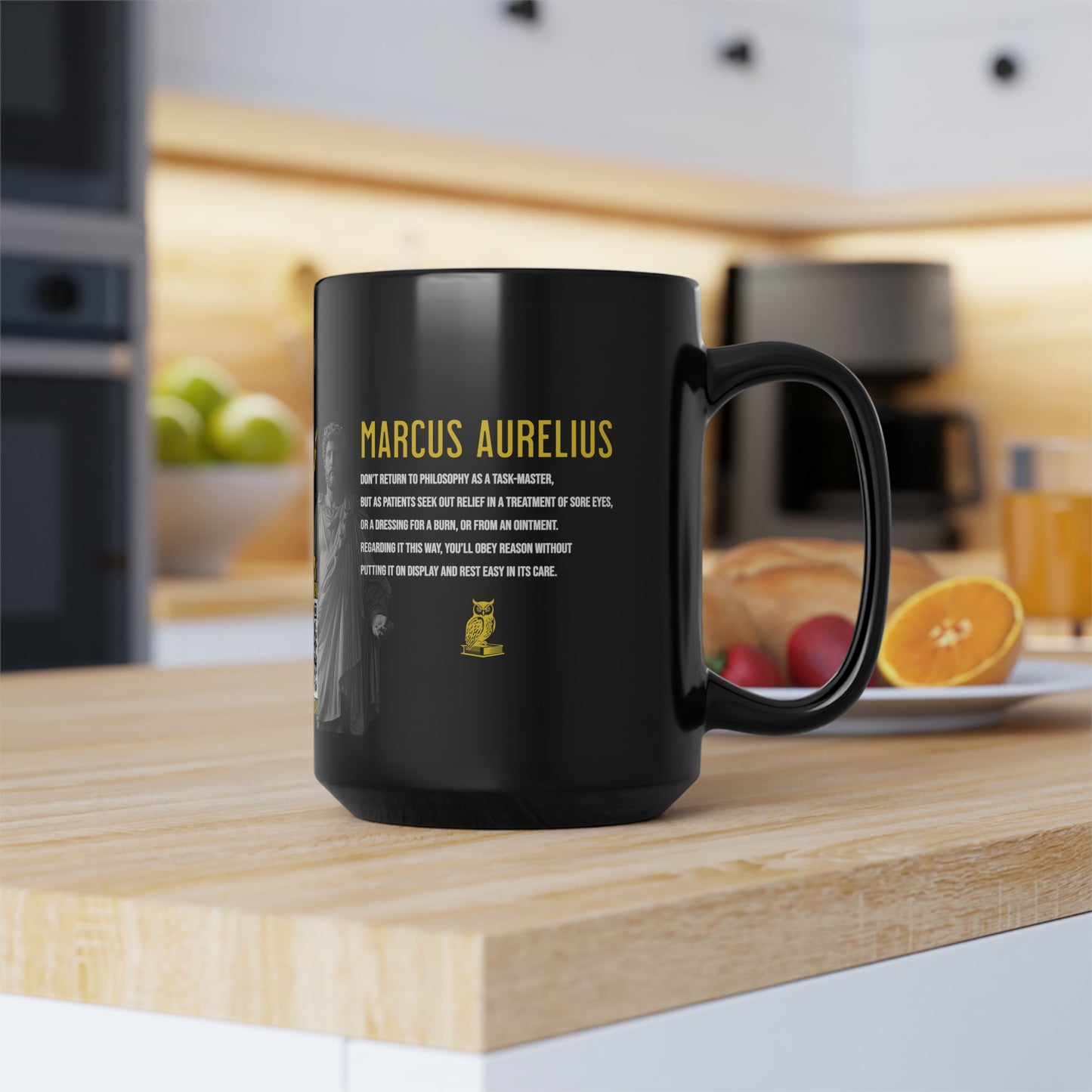 Marcus Aurelius Quote Mug: "Don't return to philosophy as a taskmaster" - INTERACTIVE Stoicism Quote Mug - Scannable QR Code - Black Mug