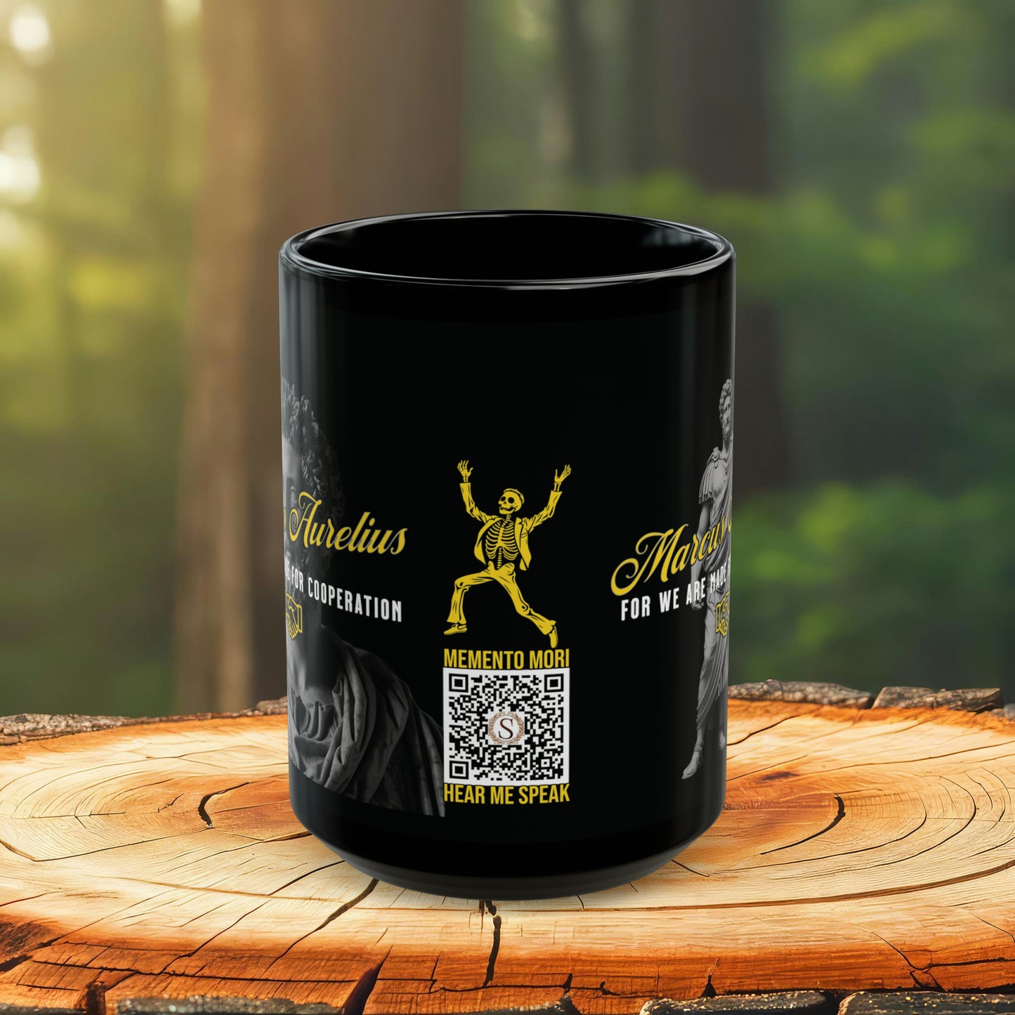 Marcus Aurelius Quote Mug: "For we are made for cooperation." - INTERACTIVE Stoicism Quote Mug - Scannable QR Code - Black Mug