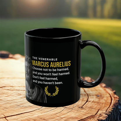 Marcus Aurelius Quote Mug - "Choose Not To Be Harmed" - INTERACTIVE Stoicism Quote Mug - Scannable QR Code - Black Mug