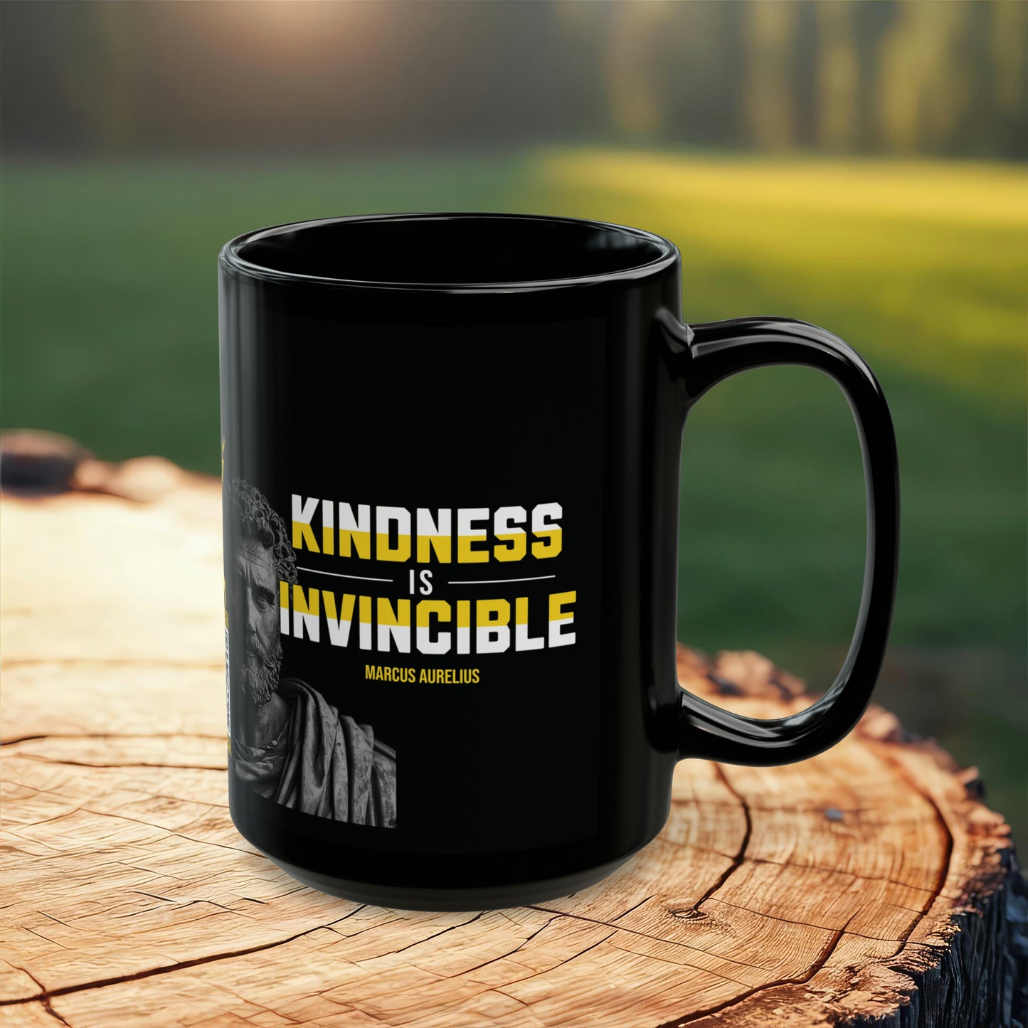 Marcus Aurelius Quote Mug: "Kindness is Invincible." - INTERACTIVE Stoicism Quote Mug - Scannable QR Code - Black Mug