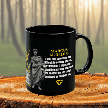 Marcus Aurelius Quote Mug: "If you find something very difficult to achieve yourself" - INTERACTIVE Stoicism Quote Mug - Scannable QR Code - Black Mug