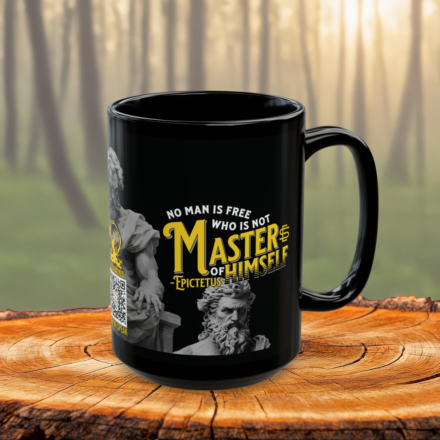 Epictetus Quote Mug - "No man is free who is not master of himself." - INTERACTIVE Stoicism Quote Mug - Scannable QR Code - Black Mug