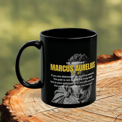 Marcus Aurelius Quote Mug: "If you are distressed by anything external" - INTERACTIVE Stoicism Quote Mug - Scannable QR Code - Black Mug