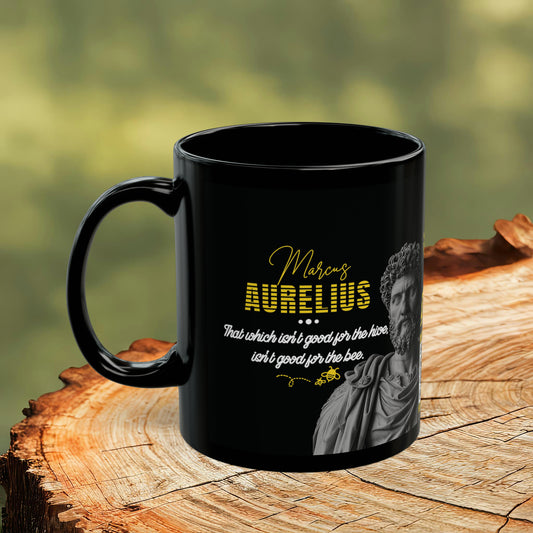 Marcus Aurelius Quote Mug: "That which isn’t good for the hive, isn’t good for the bee." - INTERACTIVE Stoicism Quote Mug - Scannable QR Code - Black Mug