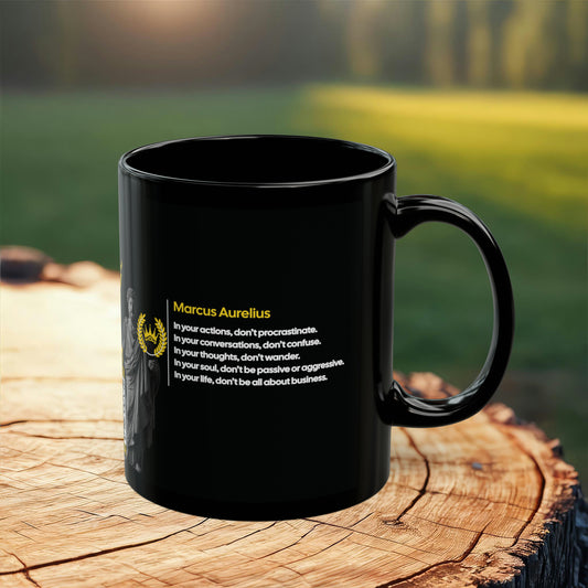 Marcus Aurelius Quote Mug: "In your actions, don’t procrastinate." - INTERACTIVE Stoicism Quote Mug - Scannable QR Code - Black Mug