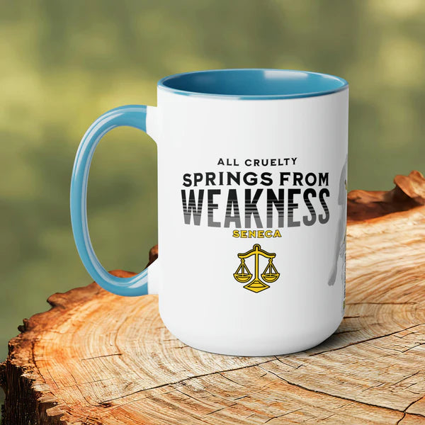 Seneca Quote Mug: "All cruelty springs from weakness" - INTERACTIVE Stoicism Quote Mug - Scannable QR Code - Black Mug