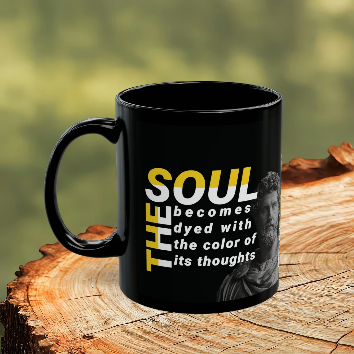 Marcus Aurelius Quote Mug: "The soul becomes dyed with the color of its thoughts" - INTERACTIVE Stoicism Quote Mug - Scannable QR Code - Black Mug