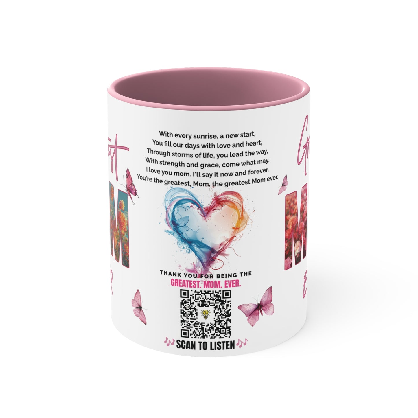 Greatest Mom Ever, Mother's Day Gift, Interactive Coffee Mug Gift for Mom, Audio Music Lyrics QR Code Scanning Mug, Two-Tone Accent, 11oz White Mug