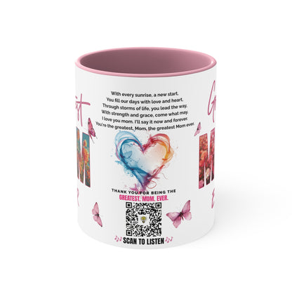 Greatest Mom Ever, Mother's Day Gift, Interactive Coffee Mug Gift for Mom, Audio Music Lyrics QR Code Scanning Mug, Two-Tone Accent, 11oz White Mug