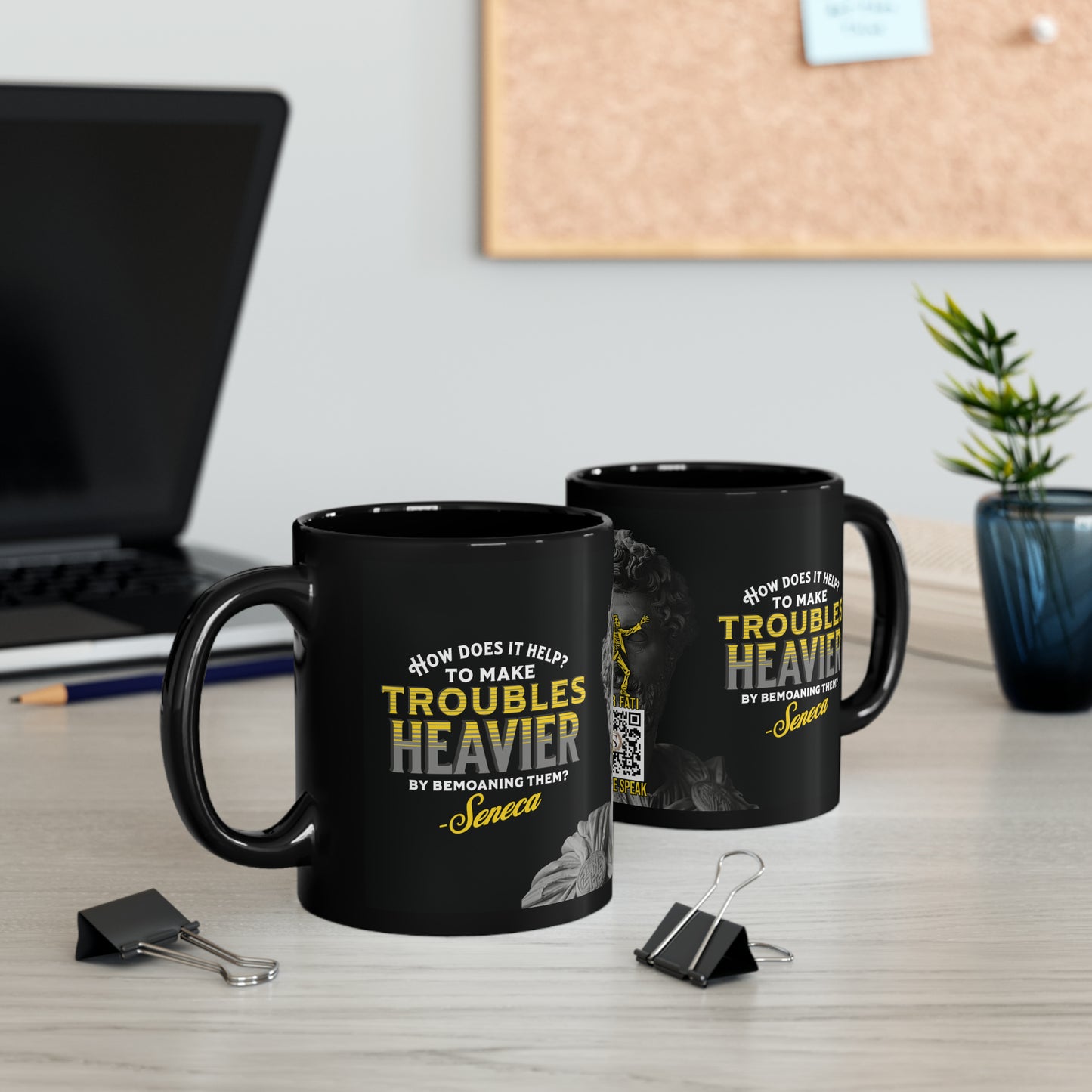 Seneca Quote Mug: "How does it help? to make troubles heavier by bemoaning them" - INTERACTIVE Stoicism Quote Mug - Scannable QR Code - Black Mug