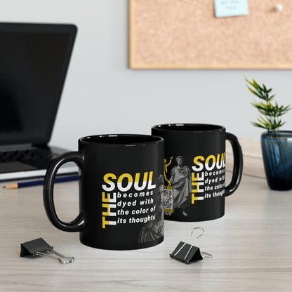 Marcus Aurelius Quote Mug: "The soul becomes dyed with the color of its thoughts" - INTERACTIVE Stoicism Quote Mug - Scannable QR Code - Black Mug