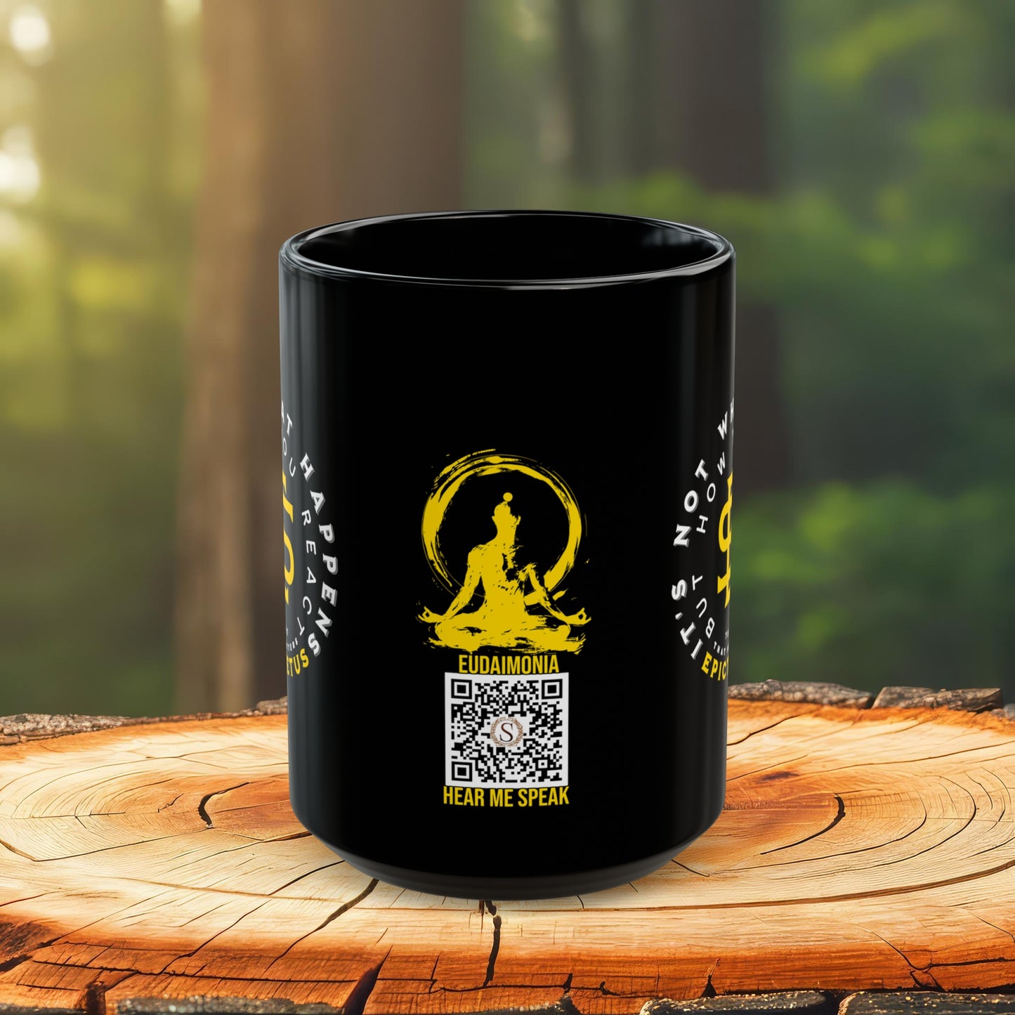 Epictetus Quote Mug - "It's not what happens but how you react to it that matters." - INTERACTIVE Stoicism Quote Mug - Scannable QR Code - Black Mug