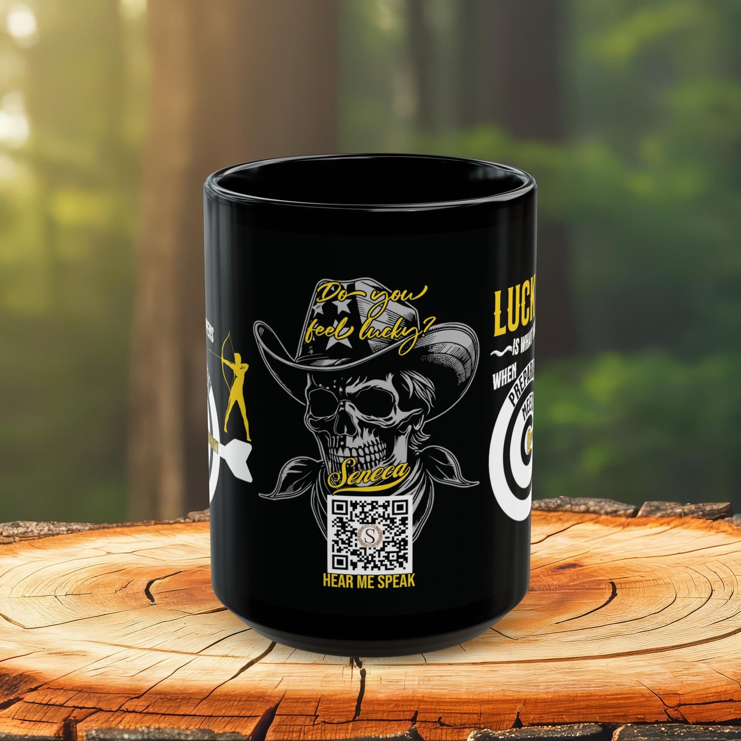 Seneca Quote Mug - "Luck is what happens when preparation meets opportunity." - INTERACTIVE Stoicism Quote Mug - Scannable QR Code - Black Mug