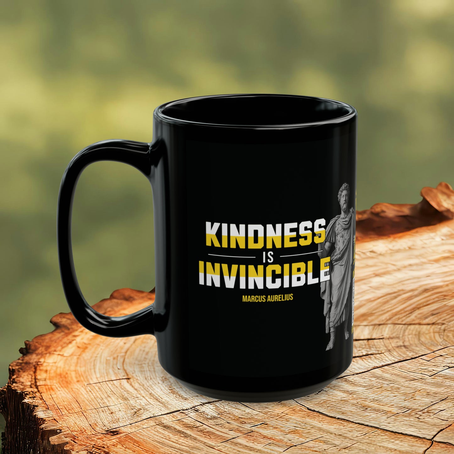 Marcus Aurelius Quote Mug: "Kindness is Invincible." - INTERACTIVE Stoicism Quote Mug - Scannable QR Code - Black Mug