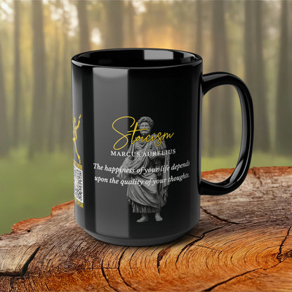 Marcus Aurelius Quote Mug: STOICISM - "The happiness of your life depends upon the quality of your thoughts" - INTERACTIVE Stoicism Quote Mug - Scannable QR Code - Black Mug