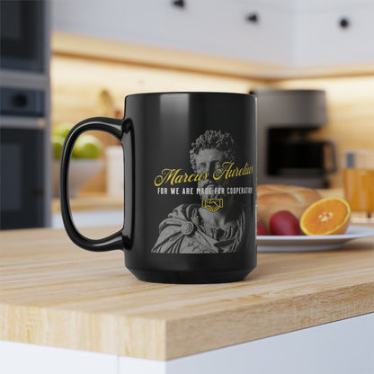 Marcus Aurelius Quote Mug: "For we are made for cooperation." - INTERACTIVE Stoicism Quote Mug - Scannable QR Code - Black Mug