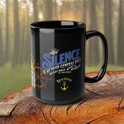 Epictetus Quote Mug - "Let Silence Be Your General Rule" - INTERACTIVE Stoicism Quote Mug - Scannable QR Code - Black Mug