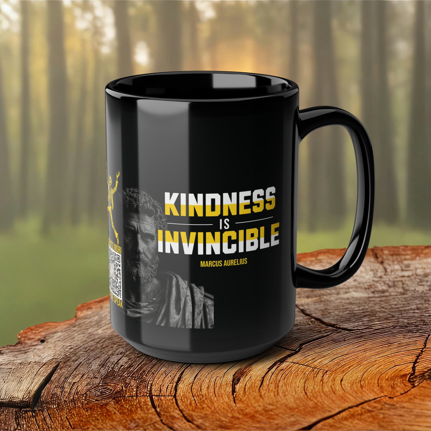 Marcus Aurelius Quote Mug: "Kindness is Invincible." - INTERACTIVE Stoicism Quote Mug - Scannable QR Code - Black Mug